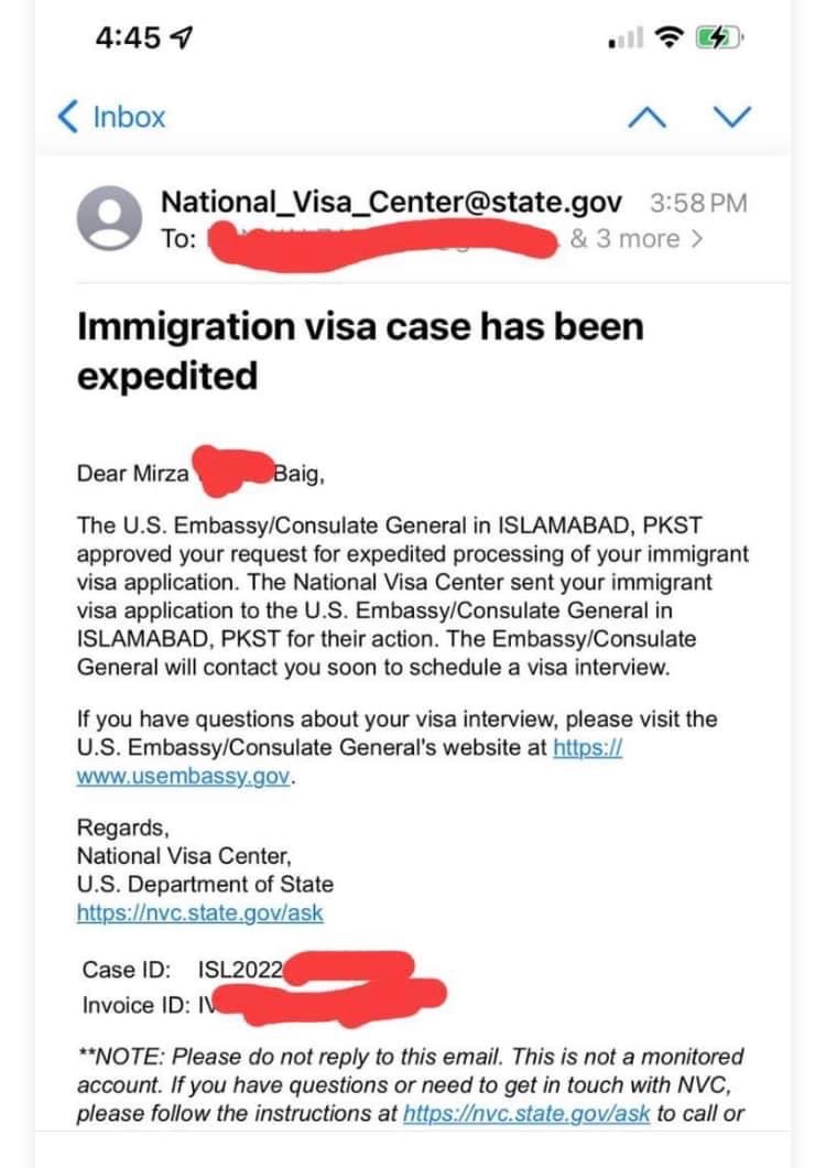 Redacted National Visa Center email confirming an immigrant visa case was expedited